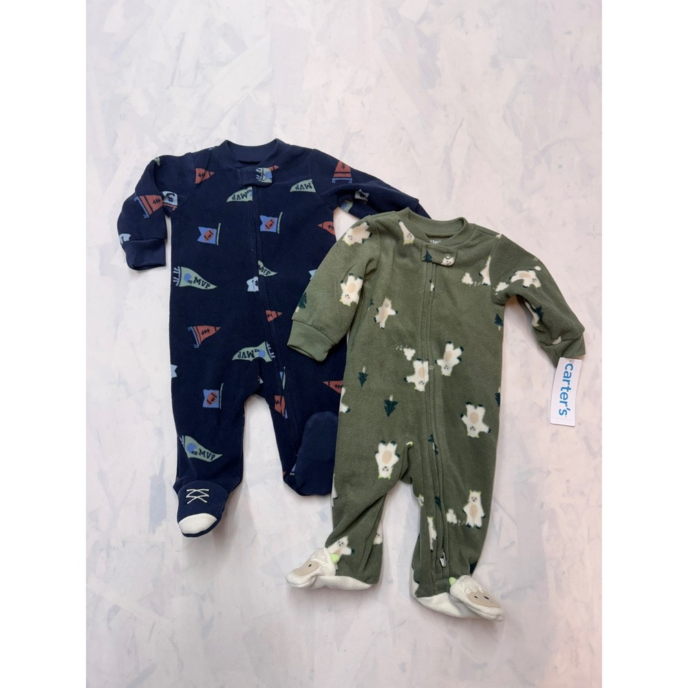 CARTERS New $40 Infant 3 Month 2pc Fleece Zip Front Sleeper Pajamas Blue Green